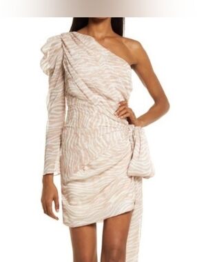Misha Jaylene Animal Print Zebra Tan White Dramatic Tie Cocktail Dress Size 6